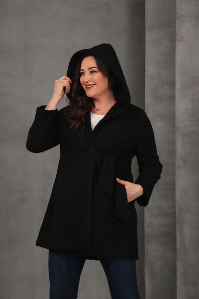 Mezure Side Tie Hooded Boucle Coat Plus Size