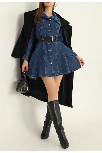 asia denim woman Women's Denim Mini Dress with Belt Detail