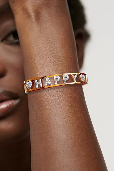 PRVT Gold Color Happy Written Stone Steel Cuff Bracelet