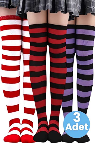 Trenderrs Дамски чифт от 3 дебели раирани чорапи над коляното