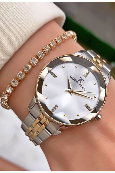 Daniel Klein Yellow Silver Color Women's Wrist Watch with Bracelet Gift