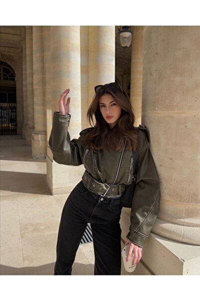 Lui Fashion Kemerli Oversize Deri Biker Ceket