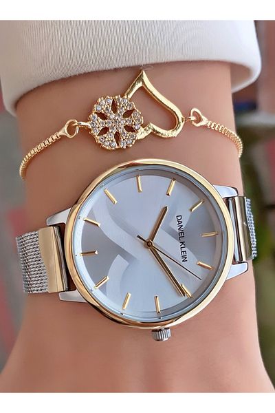 Daniel Klein Brand Yellow Silver Color Large Case Women's Wrist Watch with Bracelet Gift