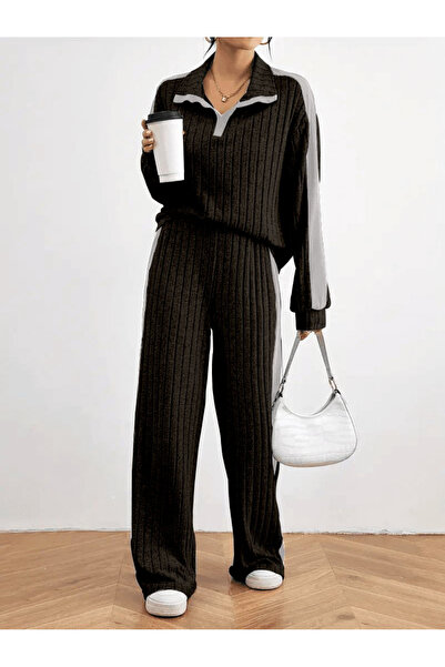 Moda Monisa طقم بنطال كاجوال من Camisole بأكمام طويلة وتفاصيل طية صدر السترة ...