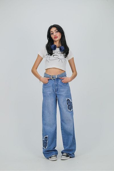 Gofeel Pantaloni Y2k Blue Baggy Unisex oversize cu broderie fluture