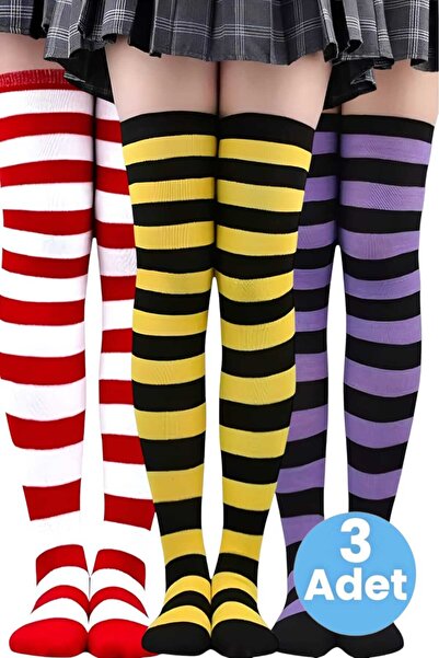 Trenderrs Дамски чифт от 3 дебели раирани чорапи над коляното