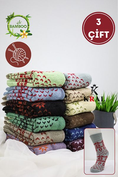 KRAL SOCKS 3 Pairs Winter Women's Towel and Wool Socks Set - Bamboo + Wool Autumn Series