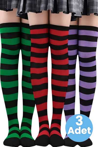 Trenderrs Дамски чифт от 3 дебели раирани чорапи над коляното