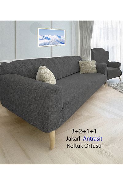 BAQDO 3211 Anthracite Jacquard Stretchy Sofa - 3 2 1 1 Elastic, Plain Pattern Sofa and Sofa Bed Cover