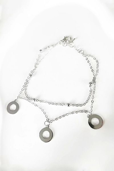 PRVT Silver Color Round Detailed Double Chain Anklet