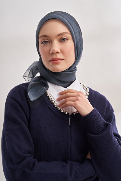 ARMANDA 30% Silk Double Layer Tulle Scarf - Black-Denim Blue