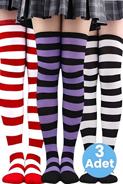 Trenderrs Дамски чифт от 3 дебели раирани чорапи над коляното