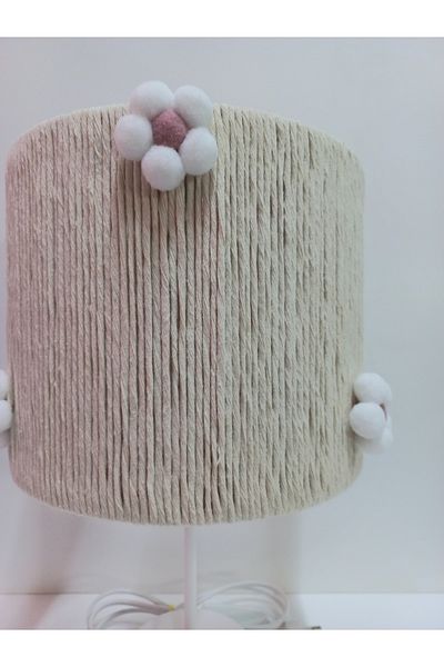 C&A&B KUZEY AVİZE Cylinder Ecru Makrome Rope Wraped Pink Flower Pompon Baby Girl's Children's Room Lamp Shade