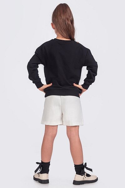 Minik Dolap Girl's Black Pleated Shorts Skirt and Rose Decorated Sweatshirt Set