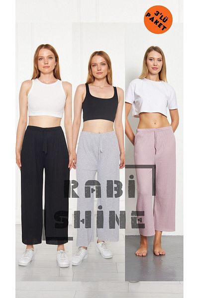 Rabi Shine Pantaloni de trening confortabili din velur din 3 piese - negru, gri, liliac, îmbrăcăminte casual pentru acasă