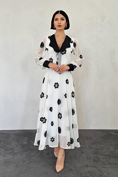 sharin Γυναικείο Λευκό Vintage Ρετρό Φόρεμα με μακρύ σιφόν 1D-7513