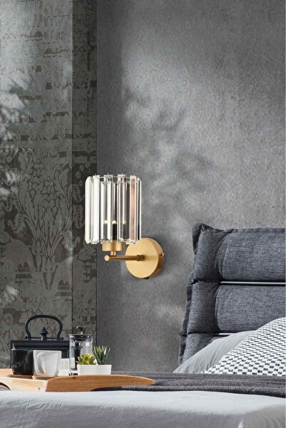 burenze Modern Tasarım Kristal Taşlı Duvar Aplik 1 adet Elektrikle Çalışır Eskitme Gold Gövde