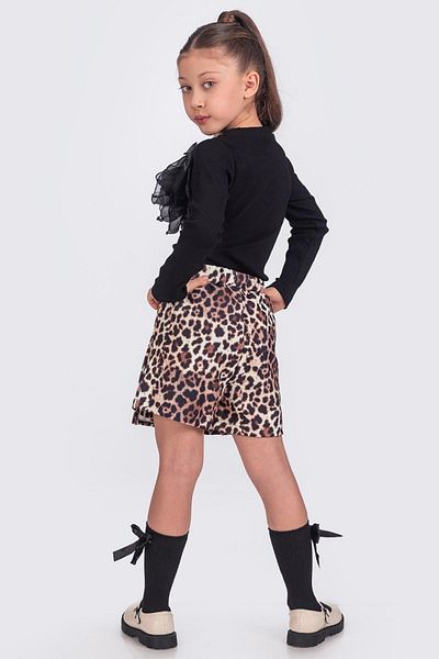 Minik Dolap Leopard Print Shorts Skirt & Rose Decorated Blouse Girls' Set - Black