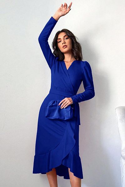 Deafox Blaues langärmliges Midikleid aus Kreppstoff mit Gürtel