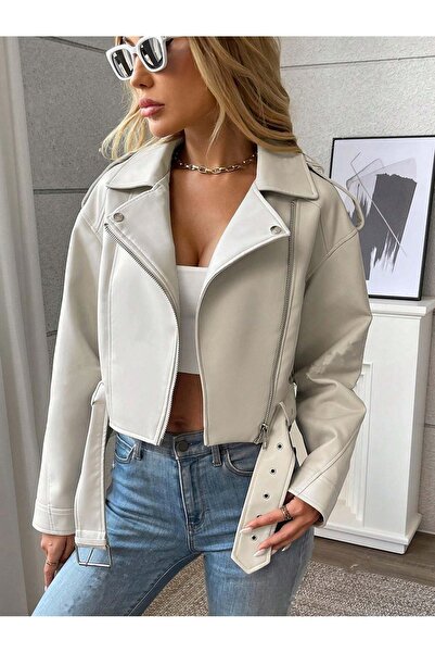 Lui Fashion Kemerli Oversize Deri Biker Ceket