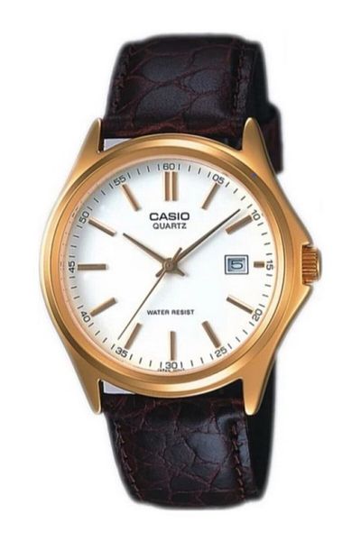 Casio ساعة يد رجالية باللون البني بقرص ذهبي وحزام أبيض