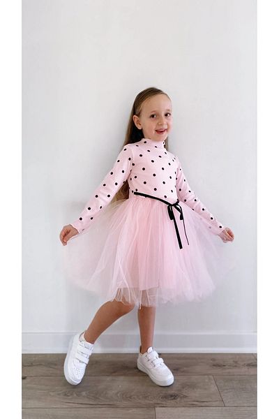 Şirin Şeyler Butiği Rochie Lindaya roz cu mânecă lungă, tutu prințesă cu buline și lycra elastic