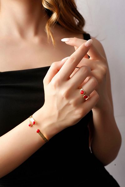 MATYA JEWELERY Matya Gold Color Lacquer Plated Red Stone Open Band Adjustable Bracelet&Ring Set