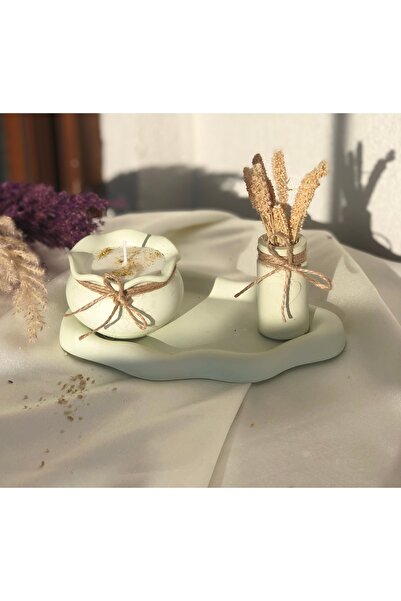 Hommark Mint yeşili 3’lü bulut tabak vazo mum seti jüt ip detaylı soya wax %1...