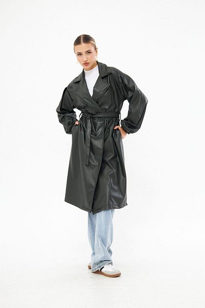 Rabi Shine Women's Emerald Waist Tied Sleeve Gathered Leather Trench Coat