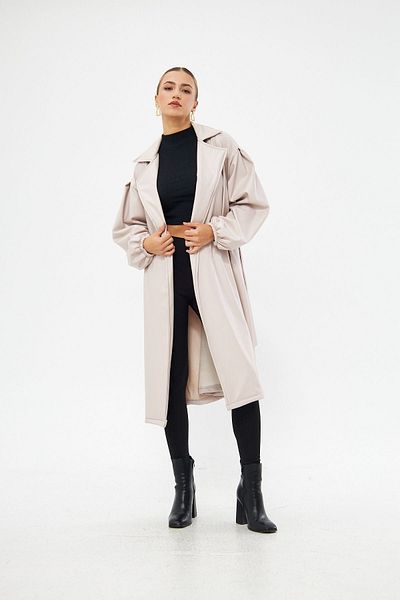 Rabi Shine Women's Stone Waist Tied Sleeve Gathered Leather Trench Coat