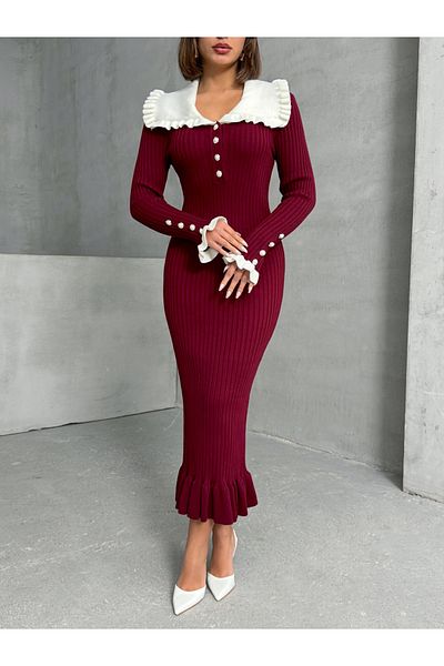 Lusin Rochie de damă, roșu claret, cu guler elegant, cu detalii de lungime midi