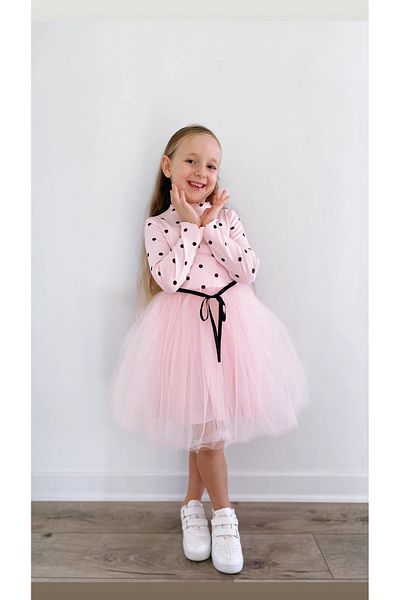 Şirin Şeyler Butiği Rochie Lindaya roz cu mânecă lungă, tutu prințesă cu buline și lycra elastic
