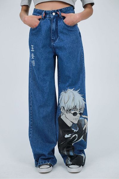 Touz Moda Snow Washed Anime Satoru Gojo Pattern Baggy Pants