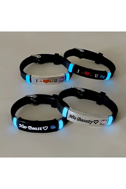 Hobi Dünyası 4 Adet Fosforlu Sevgililer Günü Çift Bileklik Seti, "Onun Canavarı Onun Güzelliği SENİ SEVİYORUM"