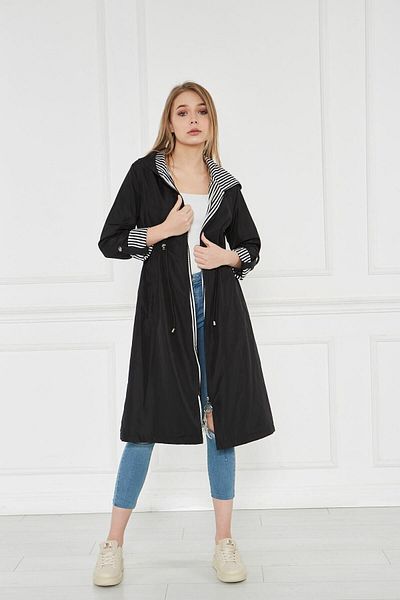 comstar Women's Drawstring Water Repellent Black Hooded Loose Trench Coat