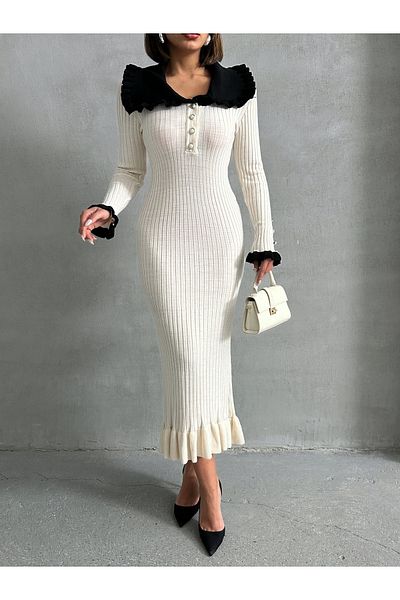 Lusin Women's Ecru Stylish Neckline Detailed Midi Length Knitwear Dress