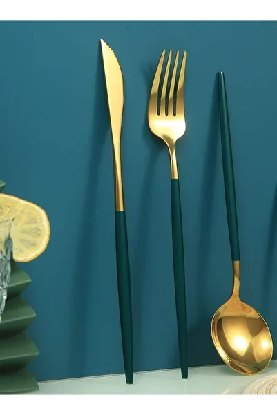 TARIK HOME 6-Person Gold Green Stainless Steel 18-Piece Round Form Cutlery Knife Spoon Set