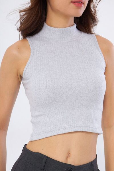 Oyga Γυναικεία γκρι μισό ζιβάγκο αμάνικη μπλούζα με ραβδώσεις