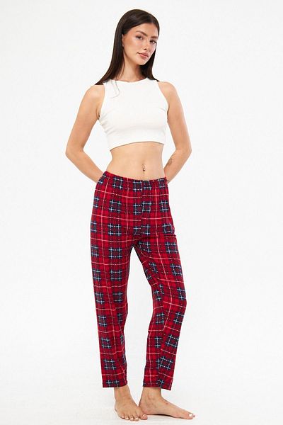 Oyga Pantaloni de pijama de damă din țesătură din catifea din bumbac cu model în carouri bordeaux