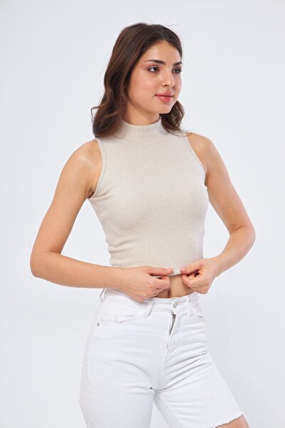 Oyga Γυναικεία μονόχρωμη πέτρινη μπλούζα - Αμάνικη και μισό ζιβάγκο