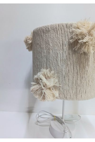 C&A&B KUZEY AVİZE Cylinder Ecru Makrome Rope Hanging Ecru Handmade Pompon Baby Girl's Children's Room Lamp Shade
