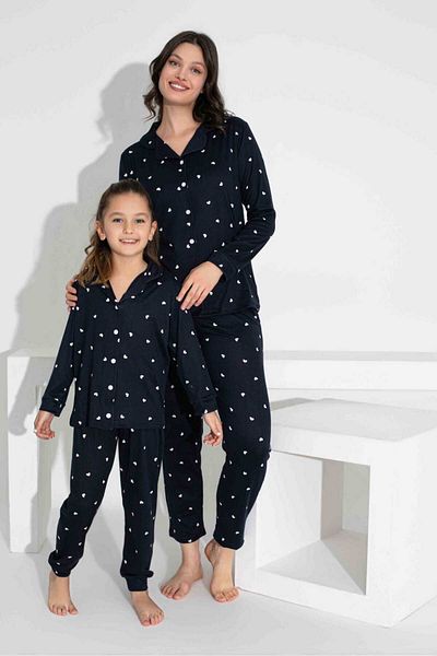 Tarık Milan Fabric Oversize Button Shirt Collar Long Sleeve Navy Blue Heart Print Pajamas Set