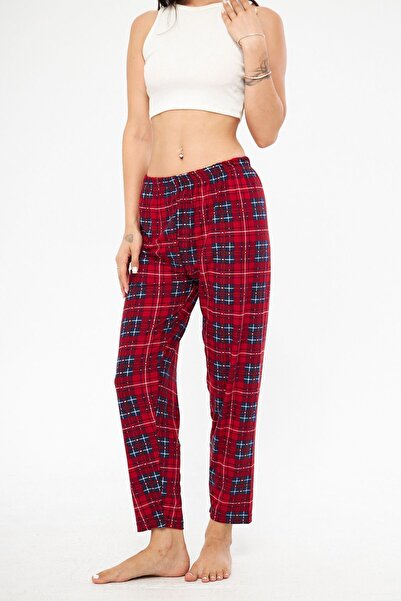 Oyga Γυναικείο παντελόνι πιτζάμα με βυσσινί καρό σχέδιο από βαμβακερό-σουέντ βελούδο