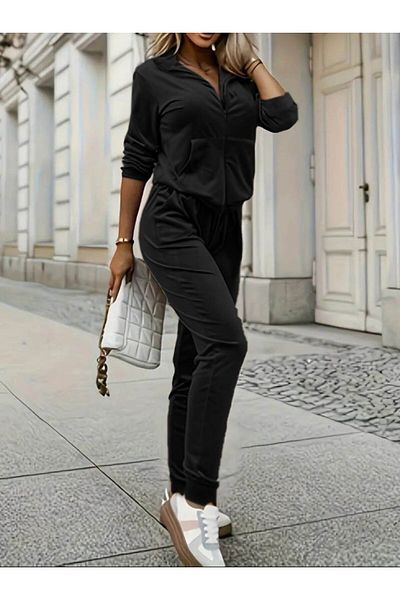 Modayakamoz Set de două bluză și pantaloni din catifea cu mânecă lungă, cu buzunare în față și cu fermoar