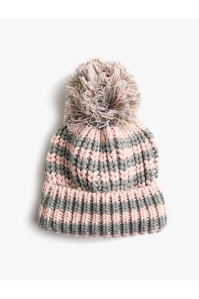 Koton Gestrickte Baskenmütze mit gestreiftem Pompon