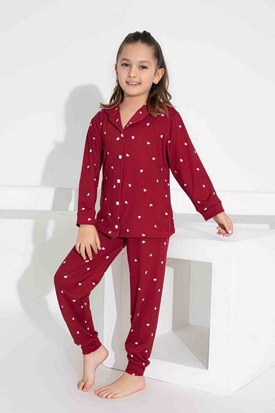 Tarık Set de pijamale cu mânecă lungă, cu nasturi, cu guler de cămașă din țesătură Milan, cu model de inimă