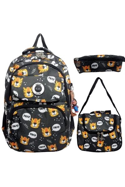 Glanart Geantă de școală primară complet căptușită cu 4 ochi + nutriție termos + set de 3 suporturi pentru stilouri cu model drăguț de tigru