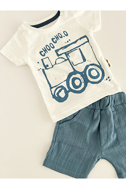 KUENS KuensKids Bebek 2'Li Takım Baskılı T-Shirt ve Müslin Şort %100 Pamuk