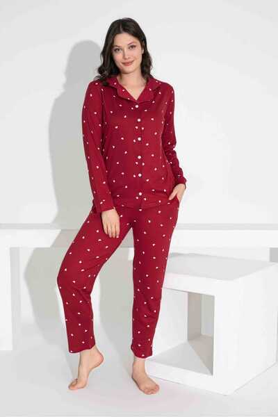 Tarık Milan Fabric Shirt Collar Button-Down Long Sleeve Burgundy Heart Print Pajamas Set