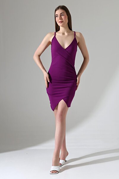 Deafox Švestkové krepové šaty s detailem stahovací šňůrky a dvojitým límcem